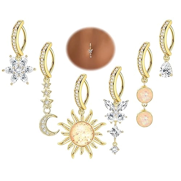 JOERICA 6 Pcs 14G Clicker Belly Button Ring for Women 316L Surgical Steel Butterfly Snake Evil Eye Heart CZ Opal Dangle Belly Button Rings Simple Reverse Navel Rings Body Belly Piercing Jewelry