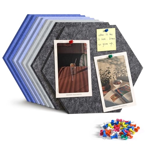 Uoisaiko 12" Large Bulletin Board with 30 Push Pins, Pack of 8 Hexagon Felt Pin Board Notice Boards for Home Office Kitchen, Felt Wall Tiles for Photos Memos