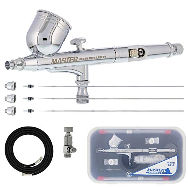 Master Airbrush Master Performance G233 Pro Set with 3 Nozzle Sets (0.2, 0.3 & 0.5mm Needles, Fluid Tips and Air Caps) and Air Hose - Dual-Action Gravity Feed Airbrush with 1/3 oz Cup, Cutaway Handle