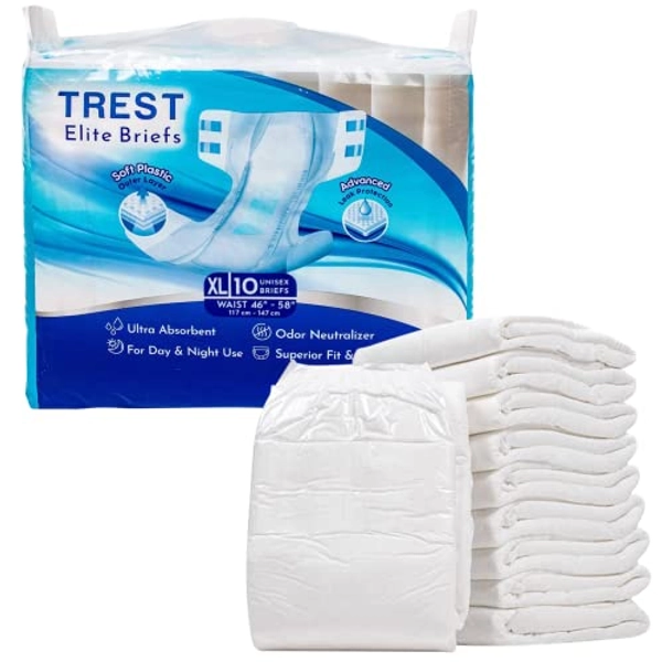 TREST Elite Briefs for Men and Women, Overnight Diapers for Incontinence, Elite Absorbency, Comfortable, Odor Neutralizing and Secure Fit with 2 Wide Tabs - White, X-Large (Pack of 10)