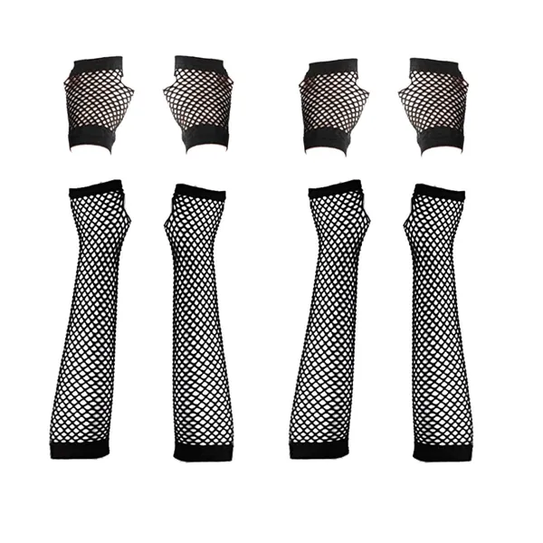 VIKSAUN 4 Pairs of Long and Short Fishnet Gloves Fingerless Black Fishnet Gloves Mesh Gloves Red, Vintage Nylon for 80's Retro Theme Party Costume Accessories Women and Girls