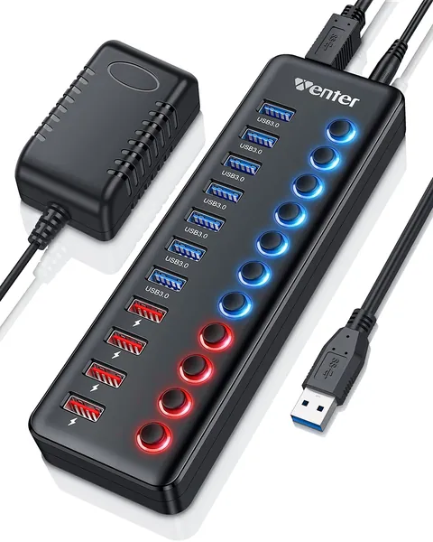 WENTER USB 3.0 Hub Powered 11 in 1, 7 Ports USB 3.0 and 4 Ports Quick Charge LED Indicator with 36W Power Adapter for PC, Windows, Mac OS
