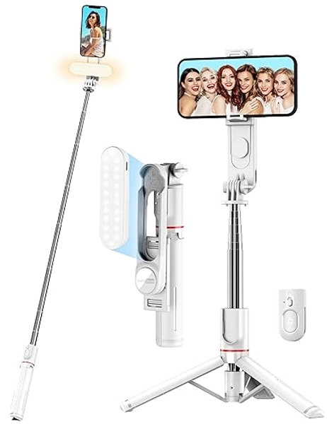 Stable Selfie Stick Tripod with Fill Light, 44 Inch Extendable Selfie Stick with Wireless Remote and Tripod Stand 360 Rotation for iPhone 15/14/13/12/11 Pro/XS Max/XR/X, Samsung and Smartphone (White)