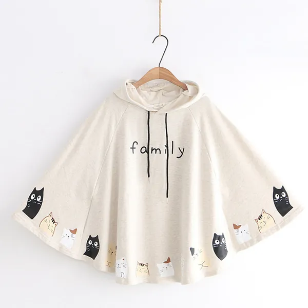 Cartoon Cat Letter Print Bat Sleeve Hooded Cloak 