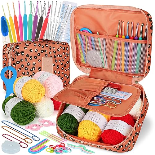 Coopay Crochet Kit Beginners Crochet Hook Set with Crochet Yarn,58PCS Portable Crochet Set Ergonomic Crochet Hooks Travel Knitting Crochet Supplies - Leopard Print - Case