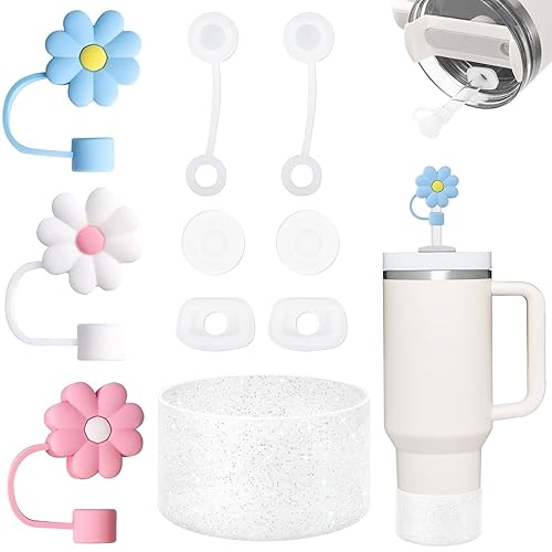 Stanley Cup Accessories Set Including 6 Pcs Silicone Spill Proof Stopper, 3 Pcs 10mm Flower Straw Cover Cap, 1 Pcs Bling Silicone Boot Sleeve for Stanley Cup 40oz & 30oz Tumbler - 10pcs Stanley Accessories
