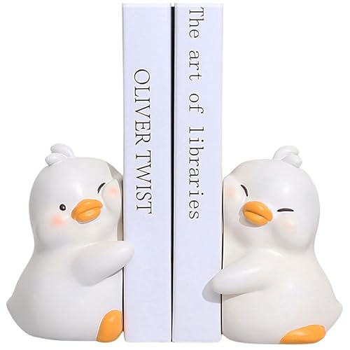 JARPSIRY Cute Hug Ducks Decorative Bookends, Unique Book Ends to Hold Books Creative Resin Book Holder Stopper for Home Office Desk Bookshelf Decoration - White