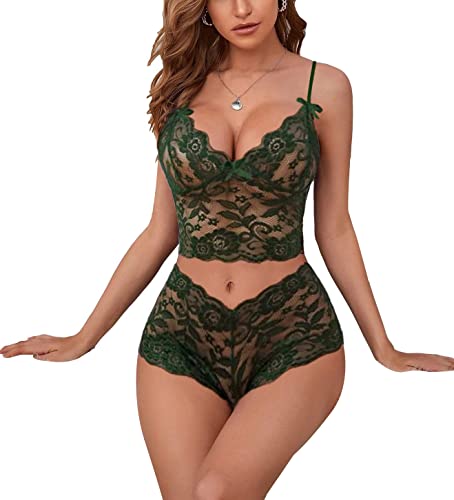 Lilosy Sexy Sheer Floral Lace Pajamas Lingerie Set High Waist Sleepwear Bra and Panty 2 Piece Nightwear - Small - Bow Ties Army Green