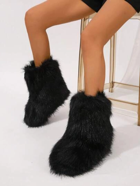 Fluffy Lined Tall Boots For Women, Warm & Anti-Slip Winter Fuzzy Mid-Calf Snowboots, Fashionable