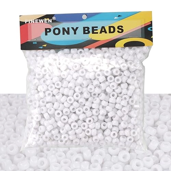 White Pony Beads(1200Pcs 6x9mm) Hair Beads,Pony Beads Bulk,Beads for Bracelets Making Kit, Kandi Beads, Craft Beads for Jewelry Making