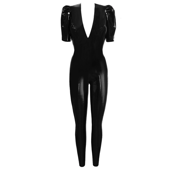 Latex Jessica Catsuit w/ mid v neck, Dressing for Pleasure Luxury Lubricant 20ml in supatex black