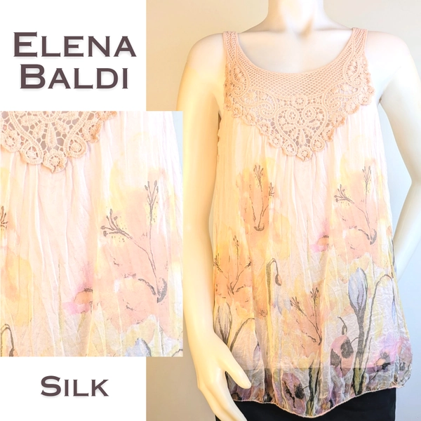 Elena Baldi Sheer Silk Watercolor Blush Floral Sleeveless Crochet Blouse Small