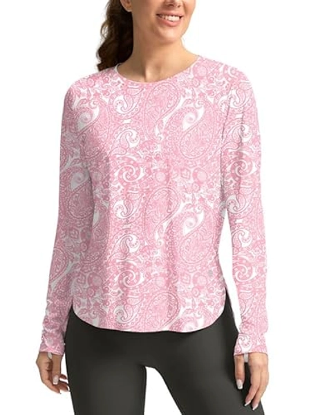 Women's Sun Shirts UPF 50+ Long Sleeve UV Protection Shirt Lightweight Quick Dry Workout Hiking Tops for Women - Medium - Crystal Pink
