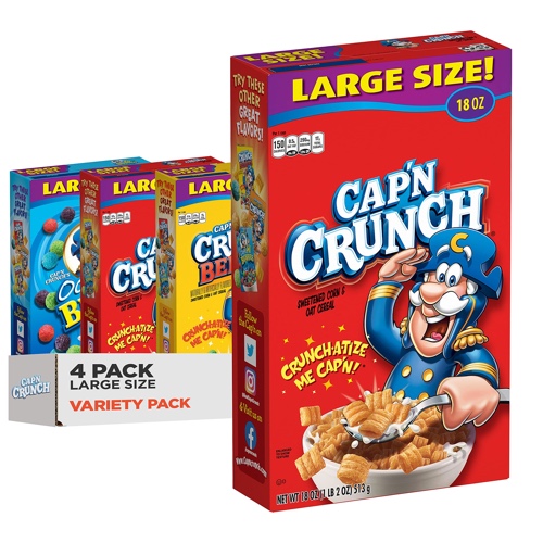 Cap'n Crunch Cereal, 3 Flavor Variety Pack, Large Size Boxes, (4 Pack) - Cap'n Crunch 4 FL Variety Pack