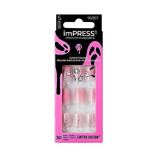 KISS imPRESS Press-On Manicure Halloween, Pink, Short Length, Square Shape, PureFit Technology, Chip Proof, Smudge Proof, Waterproof, Prep Pad, Mini Nail File, Manicure Stick & 30 Fake Nails - Bad Bone