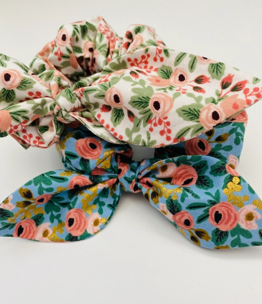 Rifle Paper co. fabric scrunchie bows | scrunchies with knotted bow | Pink floral scrunchie | Blue floral scrunchie | Elegant hair tie