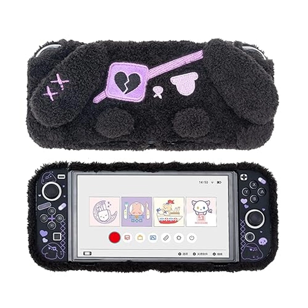 GeekShare Protective Case for Switch OLED Model Plush Rabbit Protective Shell for Switch OLED Console and Joy-Con Only - Hard & Anti-Scratch - Dark Plush Bunny