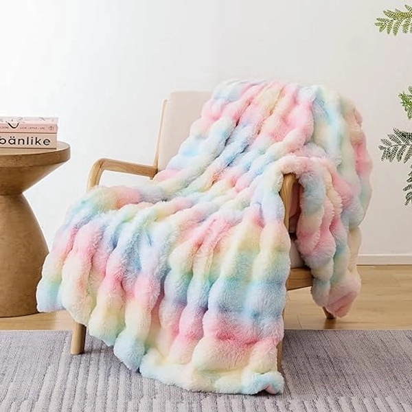 Smoofy Faux Fur Blanket Rabbit Fleece - Rainbow Fluffy Blanket for Sofa, Cozy Soft Plush Throw Blanket for Couch Bed, Luxury Thick Fuzzy Couch Blanket for Winter, Comfy Bubble Blanket - 50" x 60"