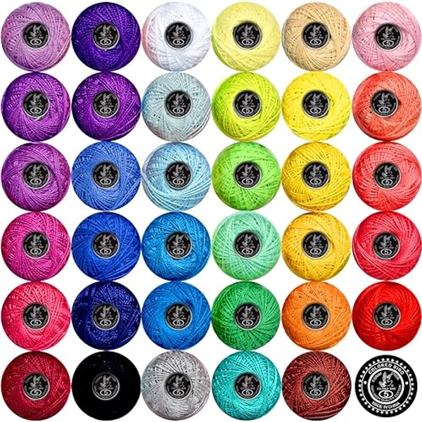 Crochet Thread Cotton Yarn Threads Balls 35 Balls Popular Rainbow Colors of Size 5 Crochet Thread 100% Long Staple Cotton Mercerized Cotton