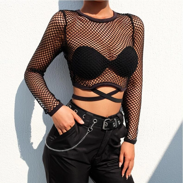 'Freak' Black Fishnet Cross Over Top
