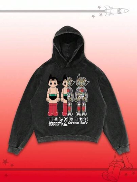 ROMWE MEN Astro Boy X ROMWE Men's Casual Street Vintage Washed Robot & Letter Graphic Hooded Sweatshirt, Spring/Autumn