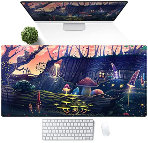 Fantasy Cute Desk Mat Mushroom Garden Large Mouse Pad Extended Anime Gaming Desk Pad XXL Trendy Desk Decors Keyboard Mouse Mat for Laptop Computer Desktop Mat with Stitched Edges 31.5x15.75 Inch - Dream Aurora