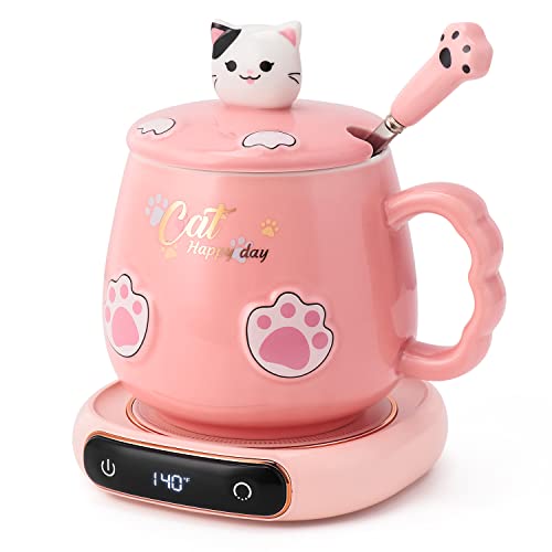 Bgbg Coffee Mug Warmer & Cute Cat Mug Set, Electric Beverage Cup Warmer for Desk Home Office with Three Temperature Up to, Coffee Warmer for Cocoa Milk Tea Water Candle, 8 Hours Auto Shut Off - Pink