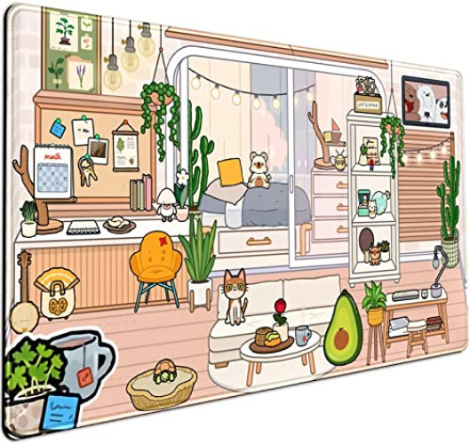 Cute Bakery Desk Mat Kawaii Mousepad, Cute Japanese Anime Street Aesthetics Gaming Desk Pad XXL, Pastel Brown and Green Plants Mouse Pad Office Decor Computer Mat Keyboard Mouse Mat 31.5" x 15.75" - A-brown Cute Bakery