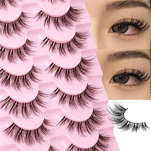 False Eyelashes 3D Wispy Natural Lashes 16mm Mink Lashes Natural Look Clear Band Cat Eye 7 Pairs Fake Eye Lash Pack by EYDEVRO - Wispy