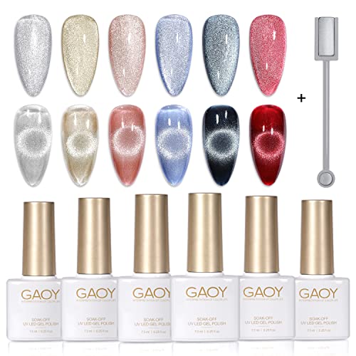 GAOY Holographic Glitter Cat Eye Gel Polish Set of 6 Colors with Free Magnet UV LED Soak Off Nail Polish Home DIY Manicure Nail Salon Varnish - Holographic Glitter Cat Eye