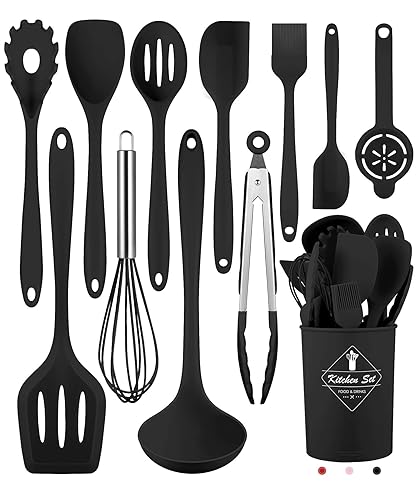 Pranski Kitchen Utensils Set-12 Pieces Silicone Cooking Utensils Set Dishwasher Safe 392°F Heat Resistant Spatula Set Nonstick Cookware - Black
