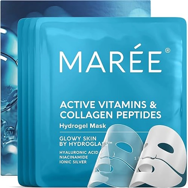 MAREE Hydrogel Collagen Face Mask with Hyaluronic Acid - Hydrating Face Masks Skincare with Niacinamid & Ionic Silver - Mascarillas Faciales For Women Skin Care - 4 Pack