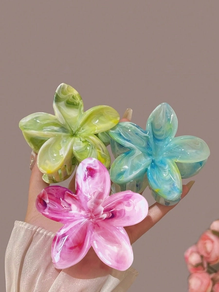 3pcs Women's Oversized Acrylic Gradient Flower Hair Claw Clips, Elegant Vintage Fancy Marble Patterned Hair Accessories For Bun, Ideal For Beach Vacation And Everyday Wear (Uneven Coloring Is Normal) Valentines