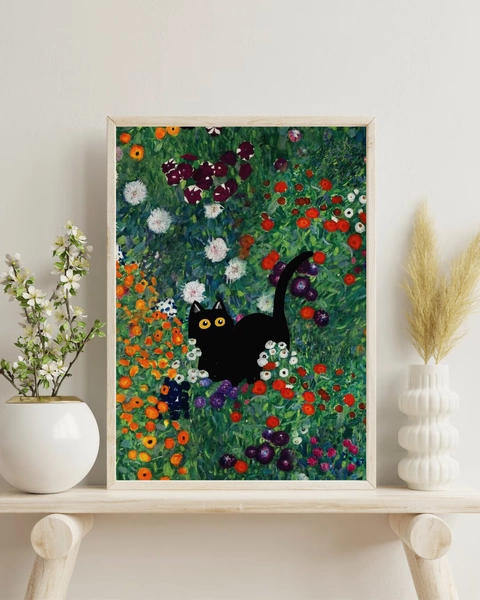 Klimt Garden Cat Print, cat in famous art, Black Cat Art, cat poster download Funny Cat print, cat lover, Home decor Poster Gustav Klimt