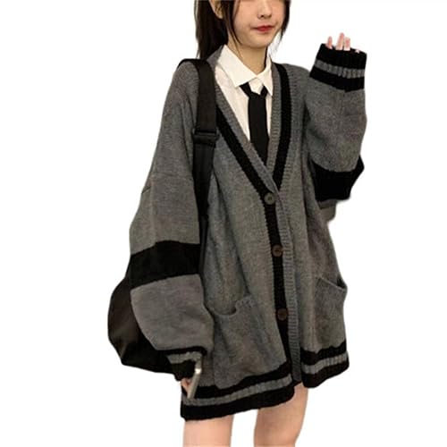 AISYBB Women's Harajuku Korean Style Loose V-Neck Button Knit Cardigan Preppy Jacket - Medium - Gray