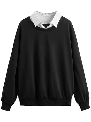 SweatyRocks Women's Contrast Collar Drop Shoulder Casual Long Sleeve Pullover Sweatshirt Tops - Medium - White Black