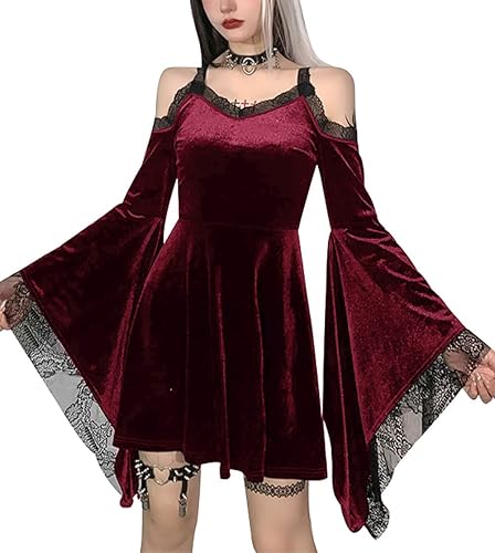 TSMNZMU Gothic Velvet Halter Dress Long Flare Sleeve High Waist Fairy Lolita Dress Punk Grunge Dress Vintage Vampire Dress - Medium - Flare Sleeve Red