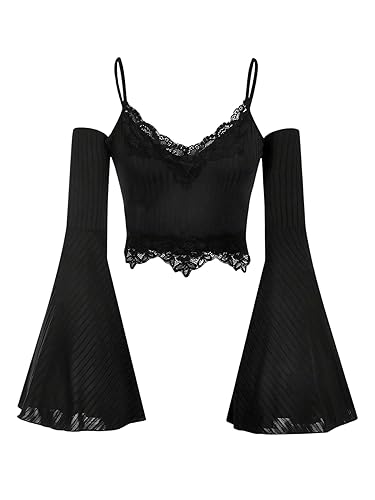 SOLY HUX Women's Goth Y2k Lace Trim Cold Shoulder Bell Long Sleeve Crop Tops - Medium - Plain Black