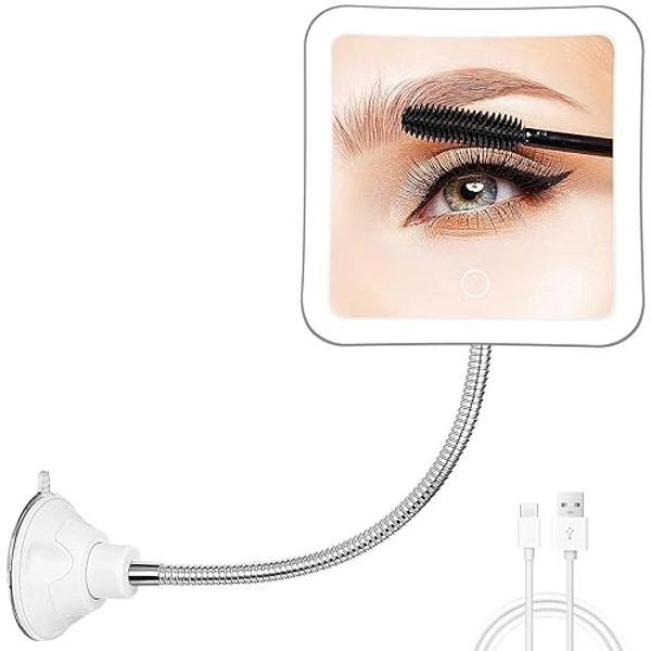 Fabuday Flexible Gooseneck 30X Lighted Magnifying Mirror - Upgraded Rechargeable Makeup Mirror with Lights and Magnification, LED Travel Mirror with Suction Cup for Bathroom, 3 Color Lighting, Square
