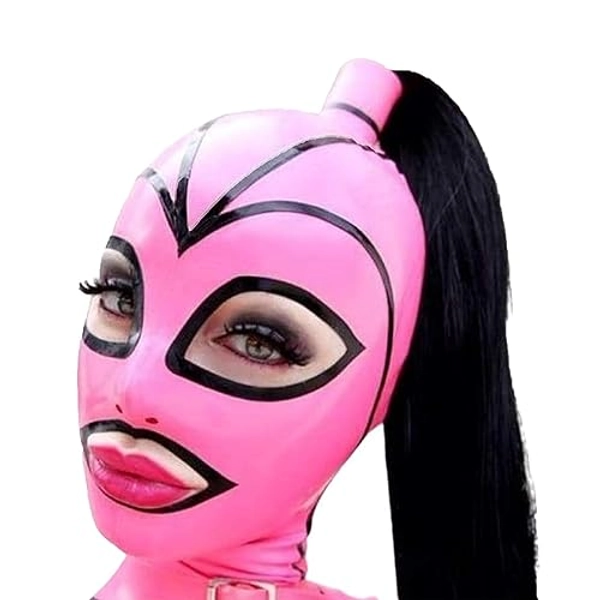 Latex Hood Mask Pink and Black Strips with Ponytail
