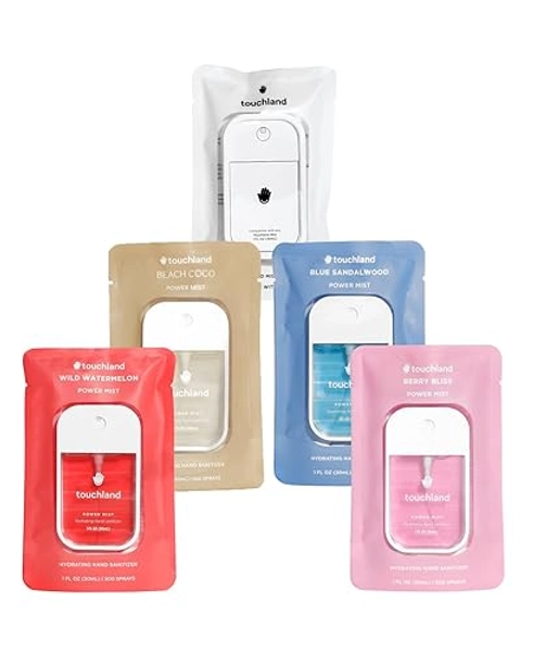 Touchland Hydrating Hand Sanitizer Spray Bundle, DREAM 5-PACK (Watermelon, Berry, Beach Coco, Sandalwood Power Mists + White Mist Case), 500-Sprays each, 1Fl Oz Travel Size