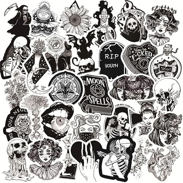 50 Stickers for Water Bottle,Black White Skull Stickers,Waterproof Vinyl Stickers Perfect for Laptop Phone Car Skateboard