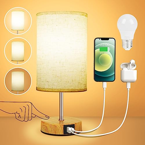 Suright Touch Control Bedside Lamps, 3-Way Dimmable Table Lamp with USB A+C Charging Ports, Touch Lamps Bedside with Linen Fabric Shade, Small Table Lamp for Bedroom Living Room (LED Bulb Included) - 1Pack