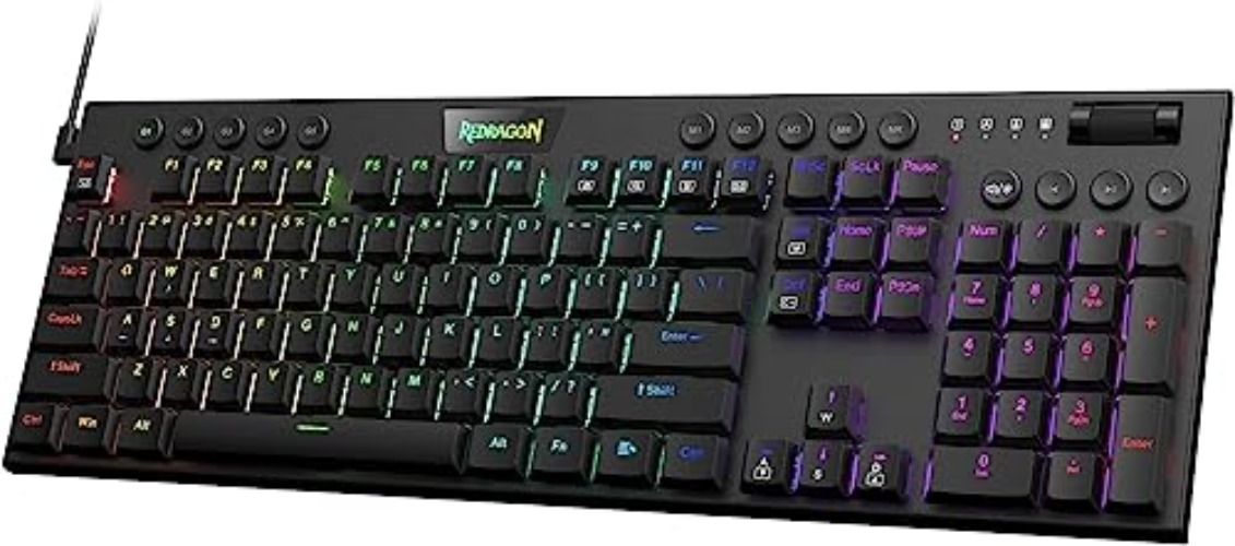 Redragon K619 Horus RGB Mechanical Keyboard, Ultra-Thin Designed Wired Gaming Keyboard w/Low Profile Keycaps, Dedicated Media Control & Clicky Blue Switches, Pro Software Supported - Wired Keyboard - Blue Switch