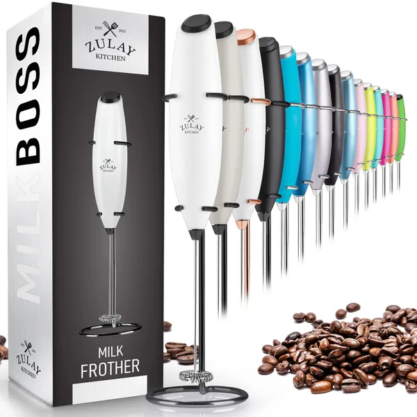 Zulay Original Milk Frother Handheld Foam Maker for Lattes - Whisk Drink Mixer for Coffee, Mini Foamer for Cappuccino, Frappe, Matcha, Hot Chocolate by Milk Boss - (Exec White with Black Stand)