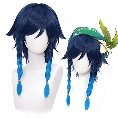 Venti Wig with Double Braids Navy Blue Venti Game Cosplay Wigs + Elf Ears + Wig Net Cap, Women Girls Anime Heat Synthetic Fiber Hair for Halloween Costume Party Unisex - Venti
