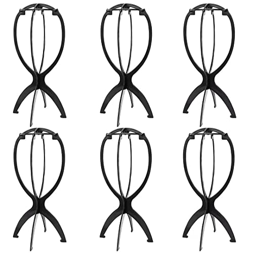 DANSEE 6 Pack Short Wig Stand Portable Wig Holder for multiple Wigs and Hats, 14.2 Inches Travel Wig Stand(Black) - black