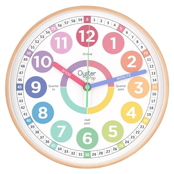 Oyster&Pop Pastel Learning Clock for Kids - Telling Time Teaching Clock - Silent Kids Wall Clocks - Kids Room Wall Decor - Analog Kids Clock for Teaching Time - Kids Learn to Tell Time Easily