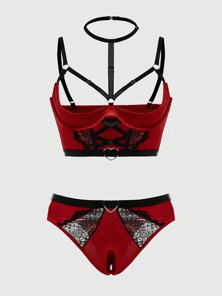 ROMWE Goth Gothic Style Crosscross Spets & Mesh Patchwork Colorblock Halter Underkläder Set