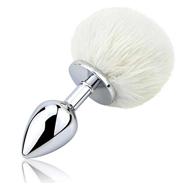 Bunny Tail Anal Plug, Metal Butt Plug with White Fluffy Rabbit Tail for Anal Sex Toys for Women Fun Sex Games (Medium)